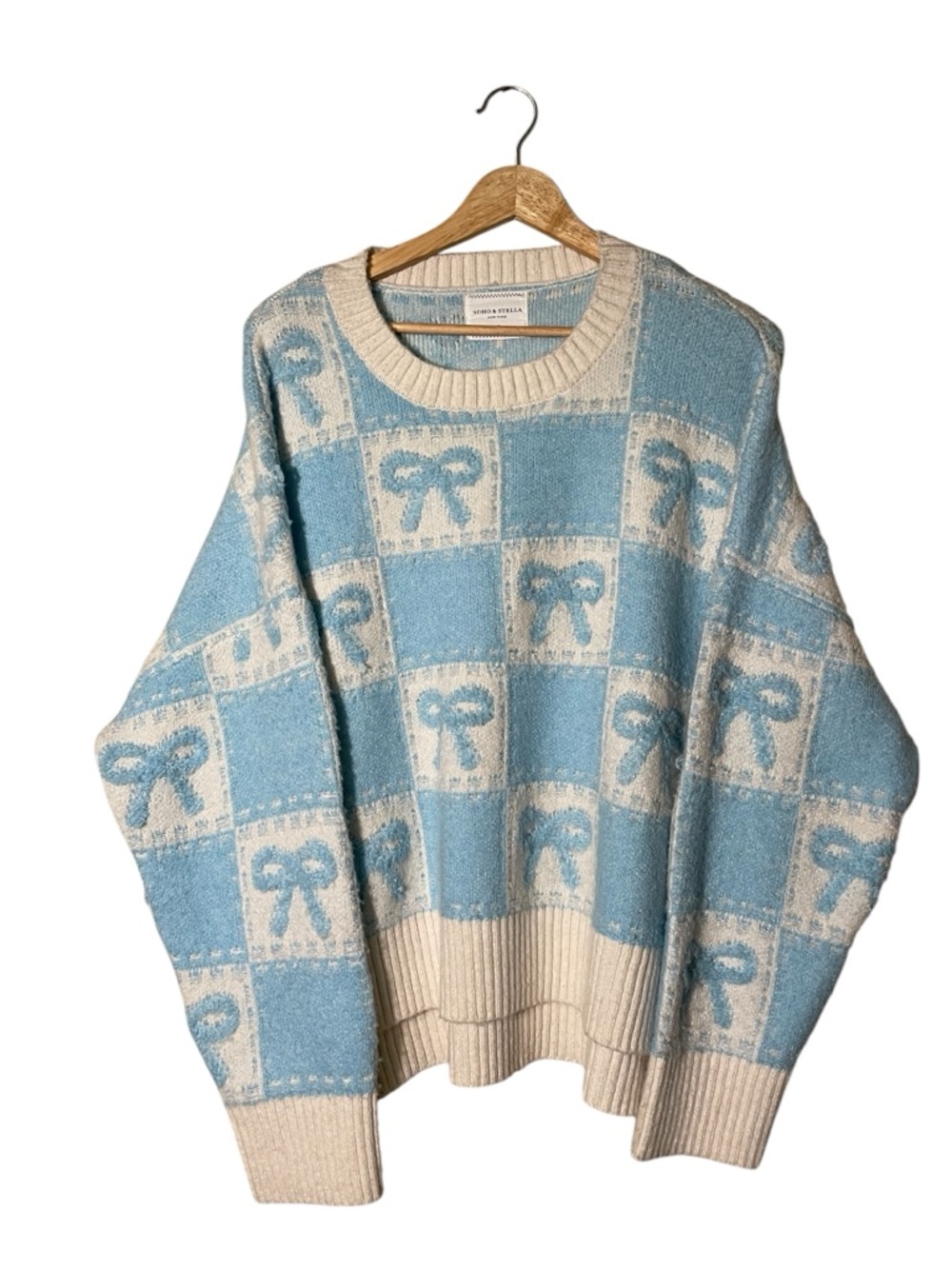 Soho & Stella Anthropologie Blue and Cream Bow-Print Crewneck Sweater